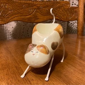 Stretching Wire Legged Calico Orange Cat Tea Light Votive Candle Holder